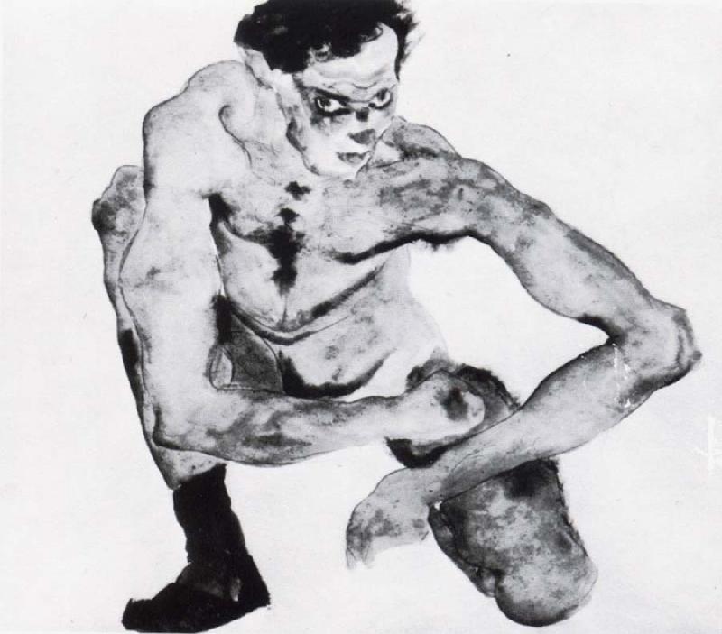 Egon Schiele Squatting male nude with stockings Germany oil painting art